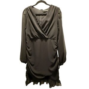 Double Crazy - Black Chiffon-Sleeve Surplice Cocktail Ruched Dress – Size Large